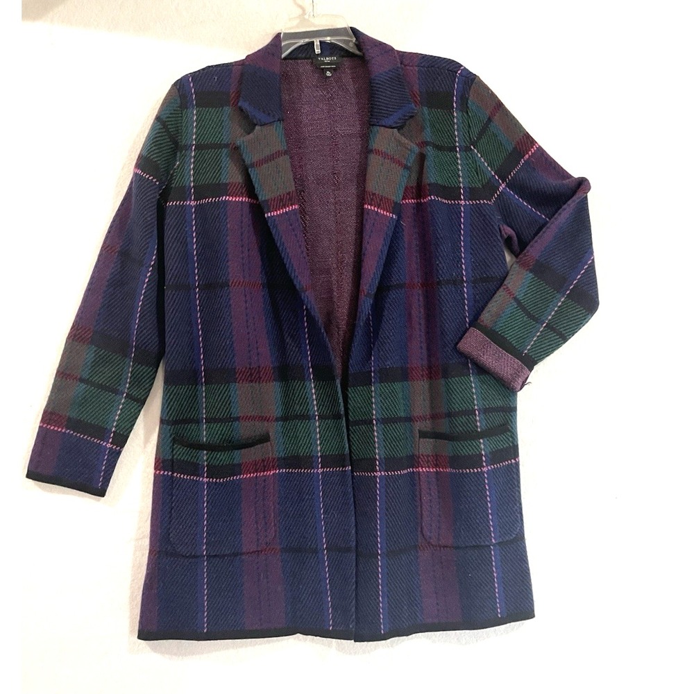 Talbots Women's Preppy Plaid Open Front Cardigan Sweater Purple Merino Wool MP